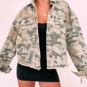 Free People Camo Camouflage Crop Denim Jean Military Army Jacket distresed coat